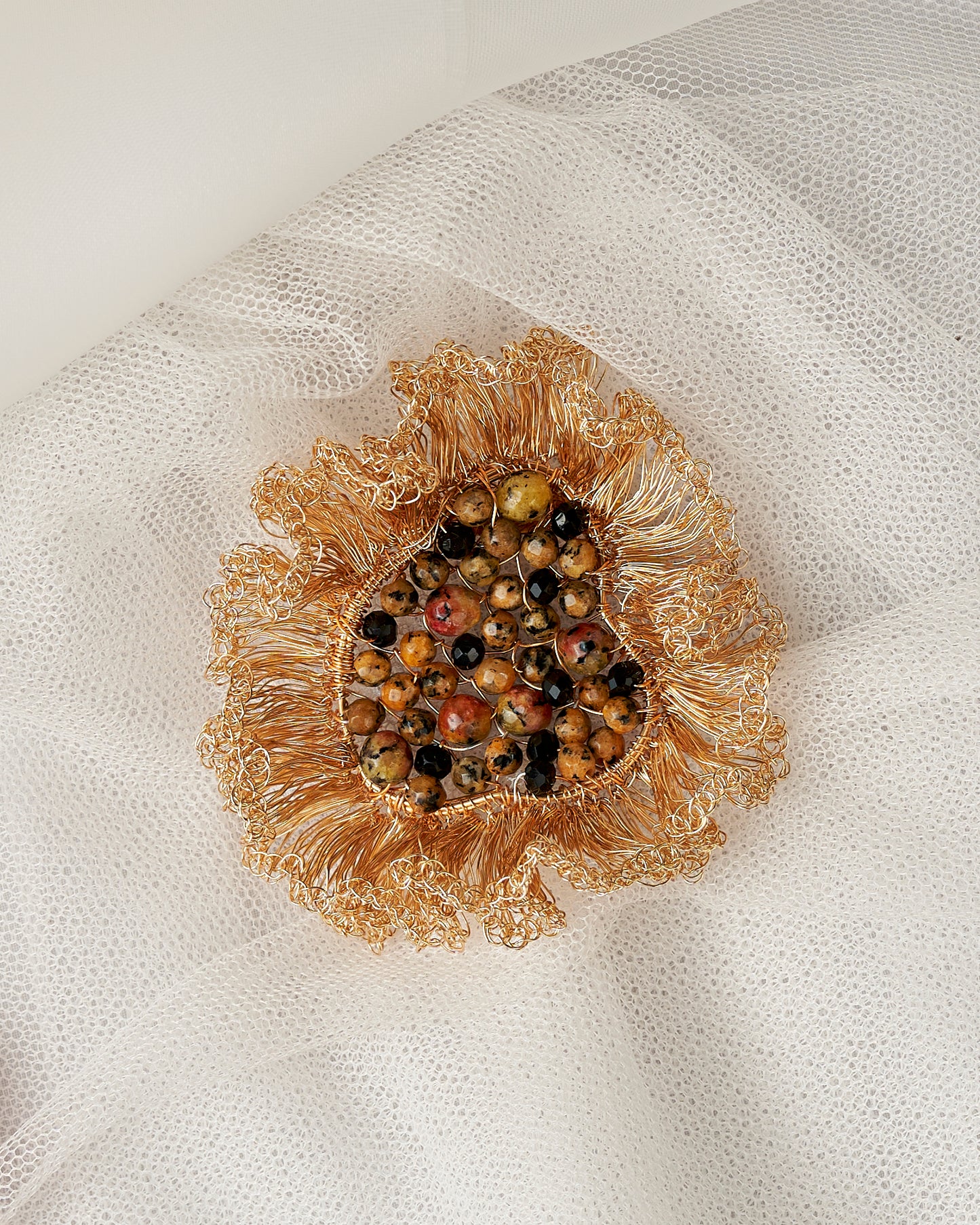 Dreamy Zinnia Brooch Tiger Eye Gold